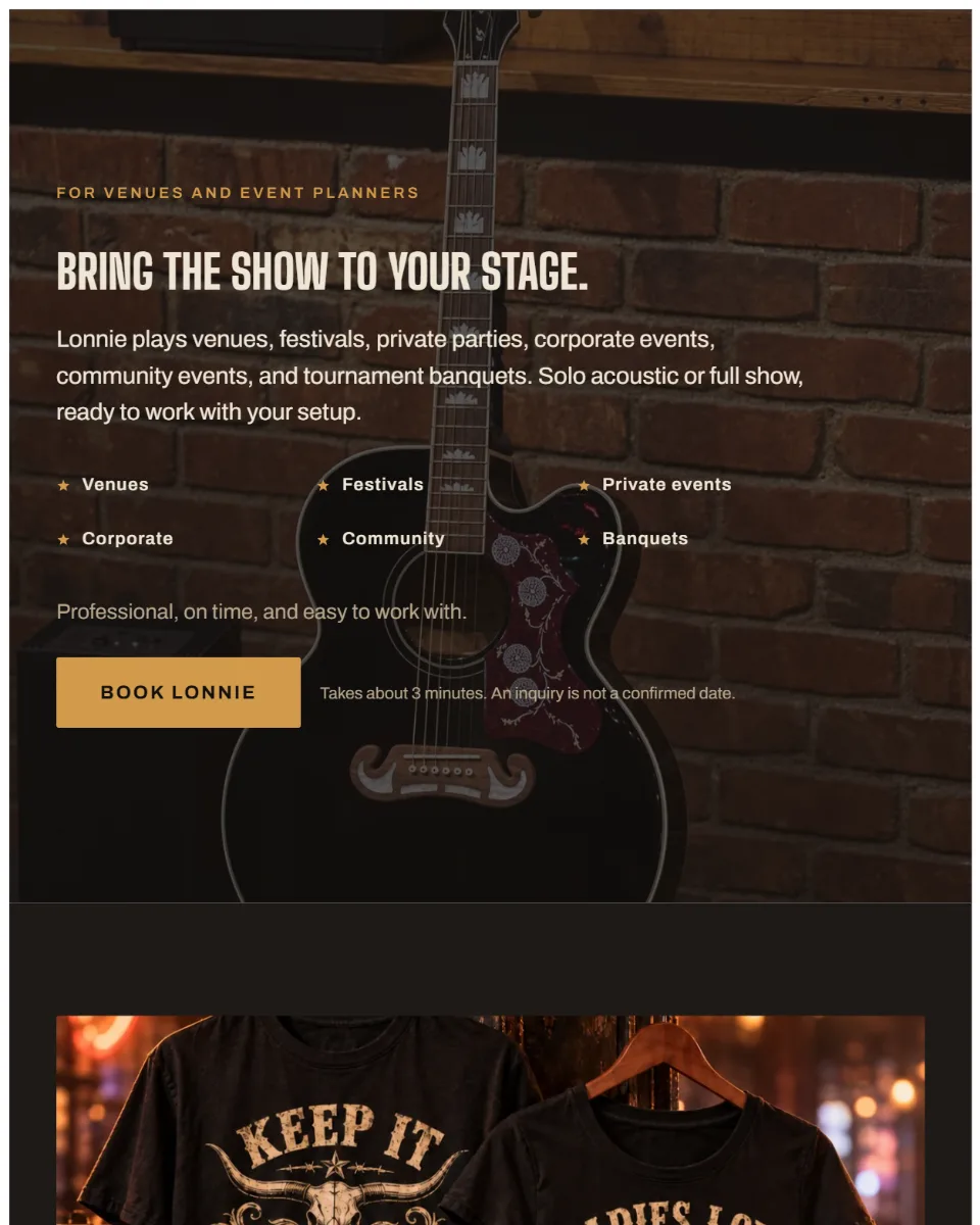 Lonnie Britton booking and merch sections