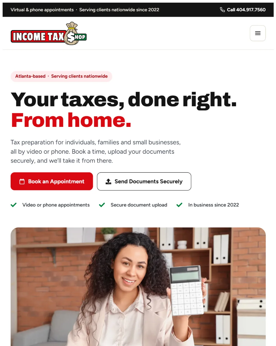 Income Tax Shop redesigned homepage hero