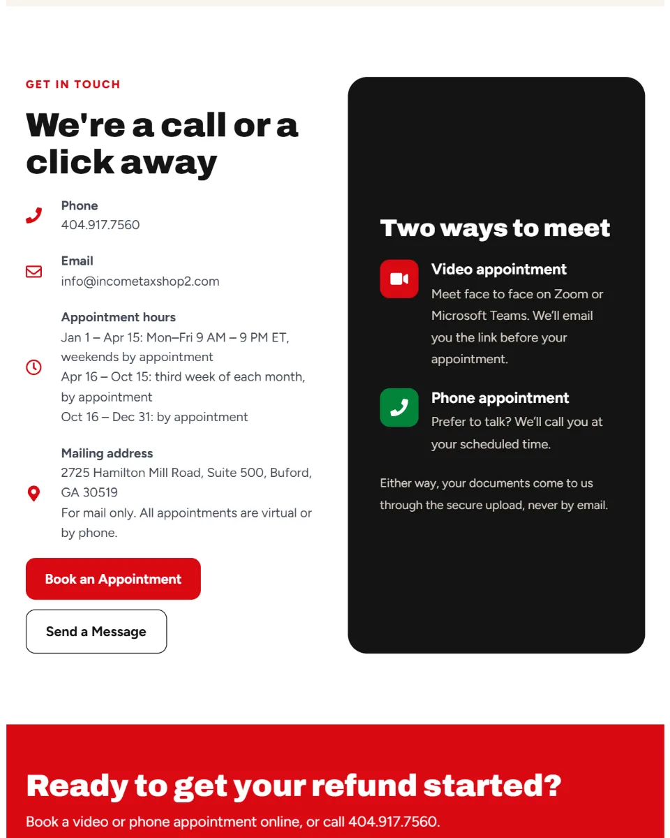 Income Tax Shop contact options section