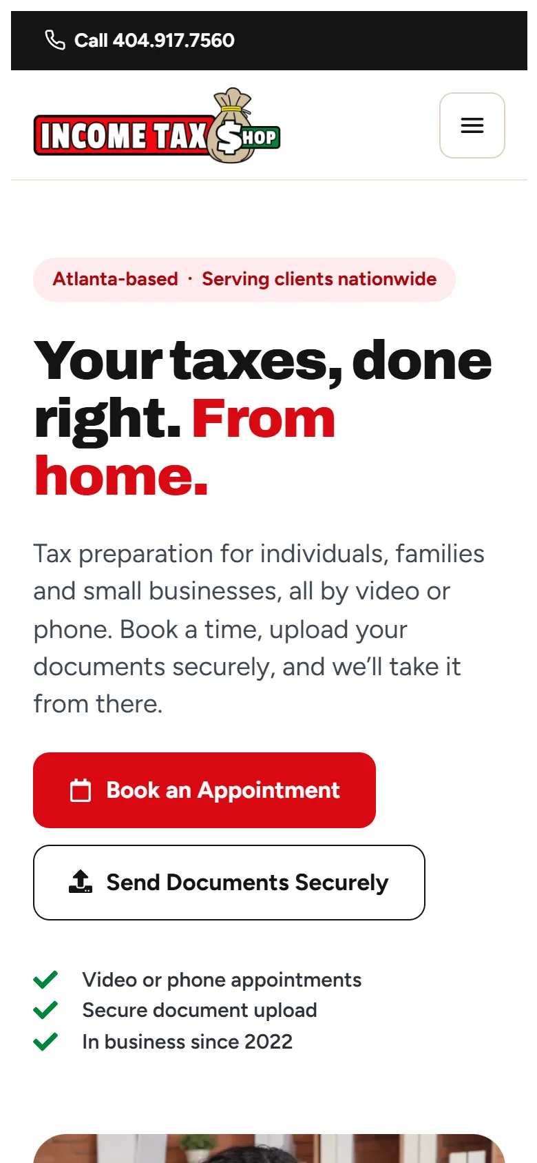 Income Tax Shop homepage on a phone