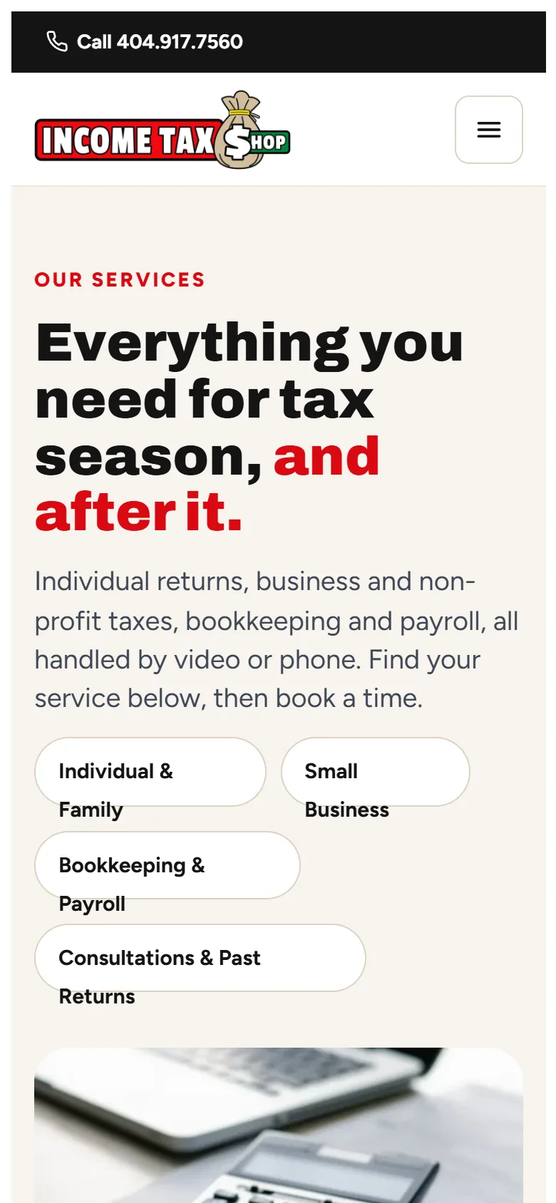 Income Tax Shop services page on a phone