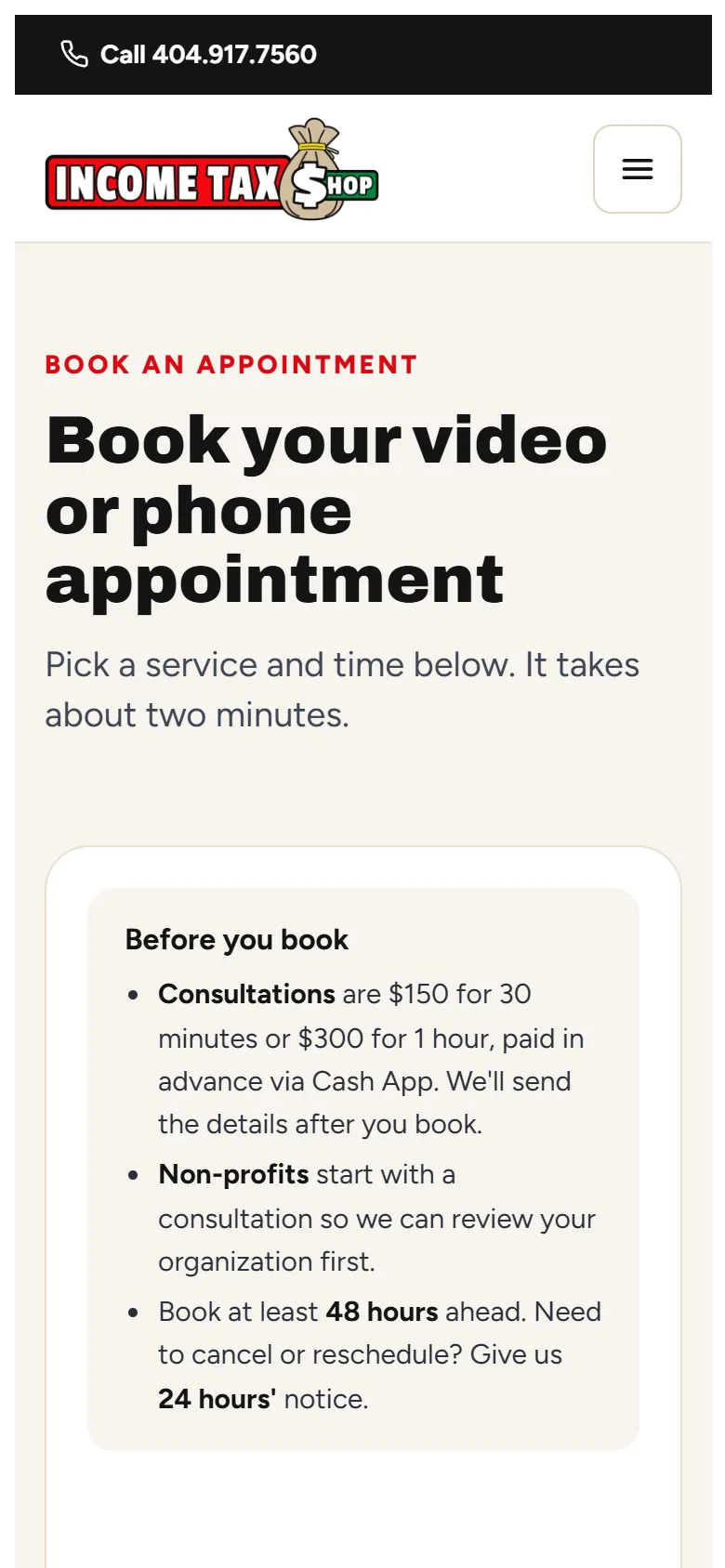 Income Tax Shop appointment booking page on a phone