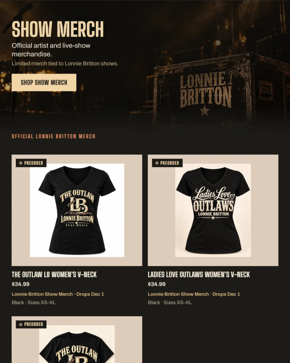 Outlaw Style Apparel Show Merch section