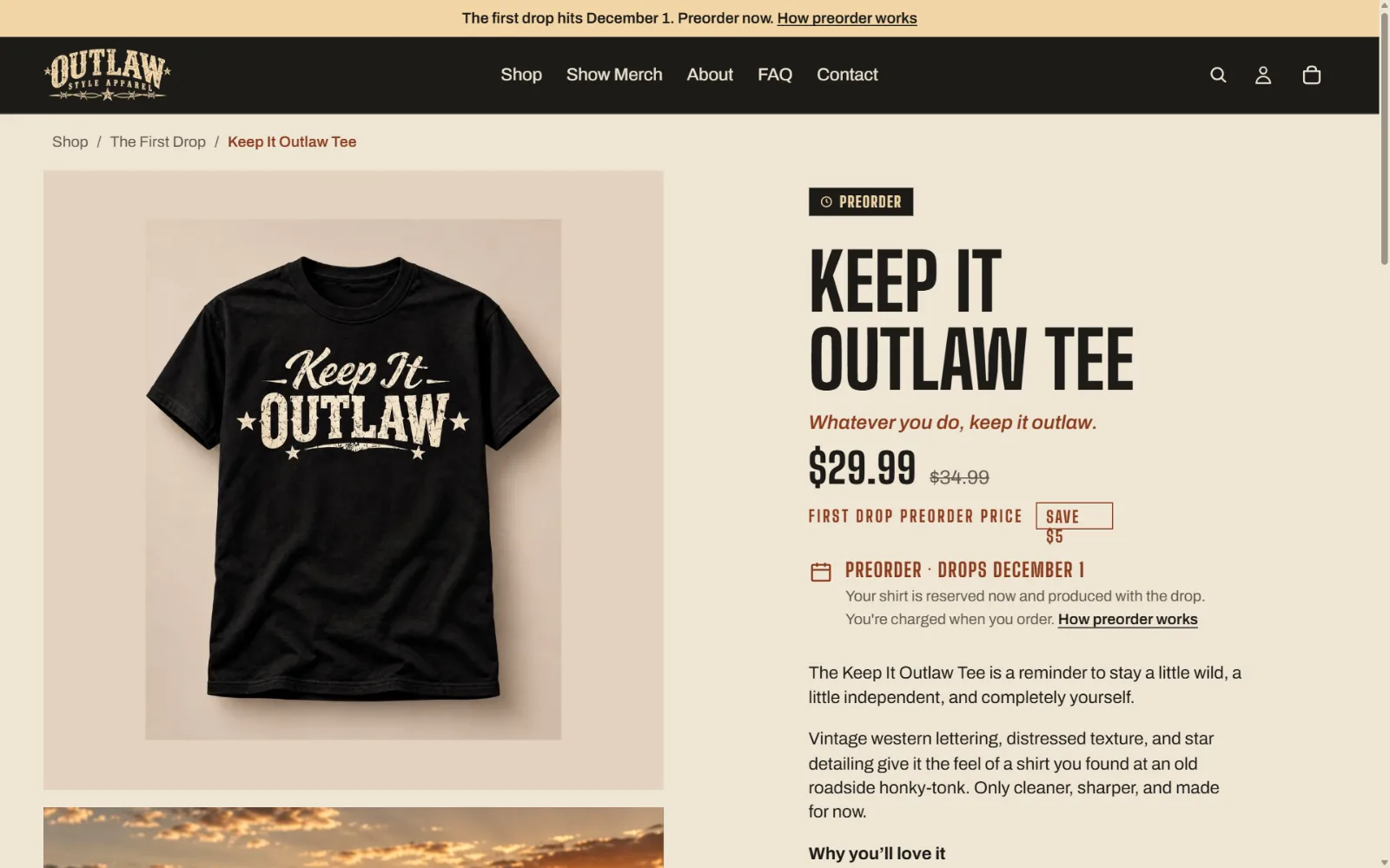 Outlaw Style Apparel product page on desktop