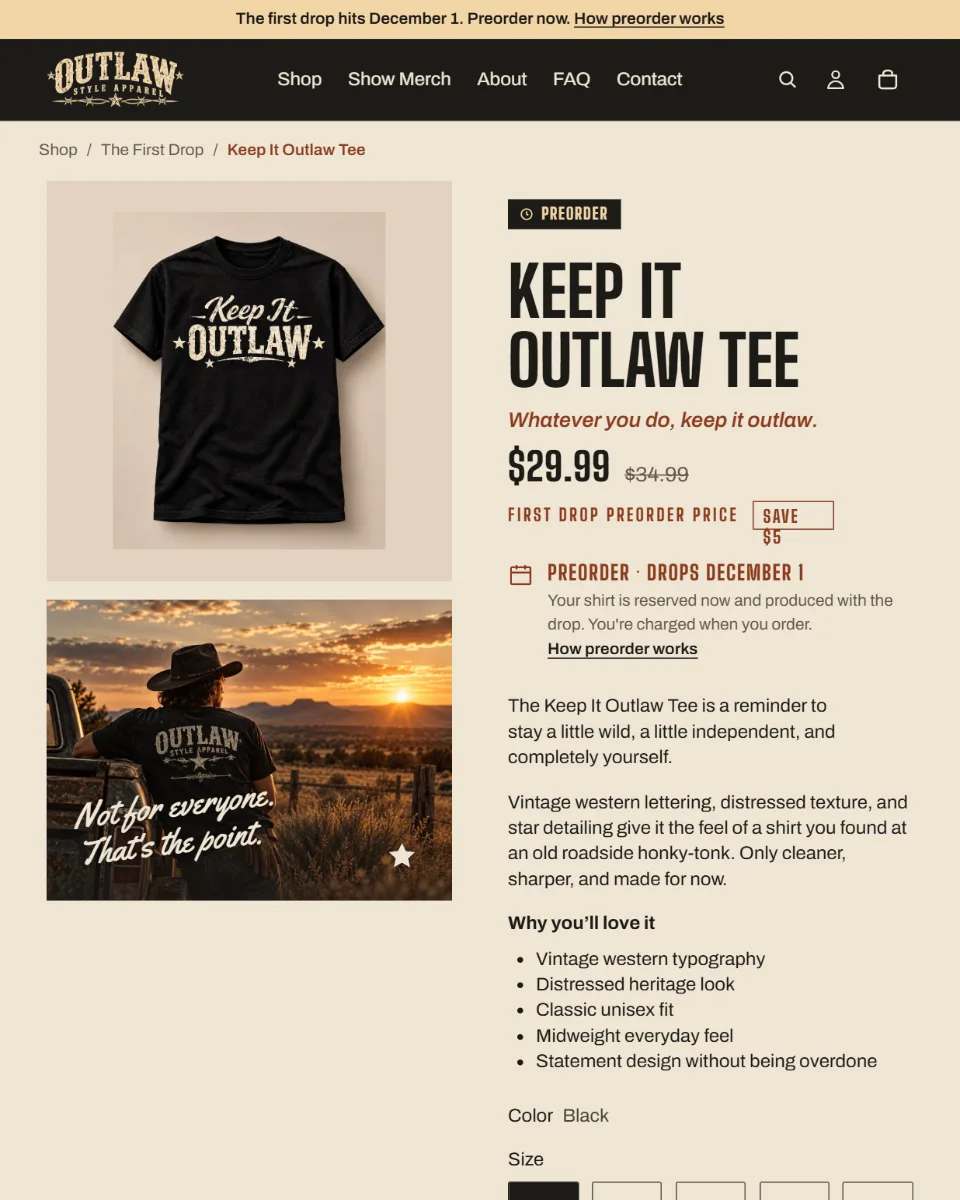 Outlaw Style Apparel product page for the Keep It Outlaw Tee