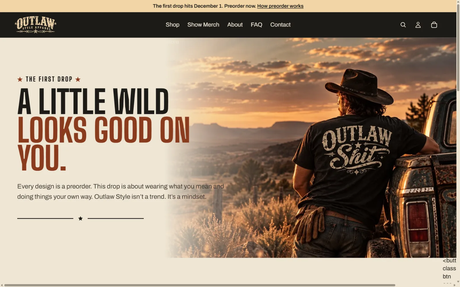 Outlaw Style Apparel First Drop collection on desktop