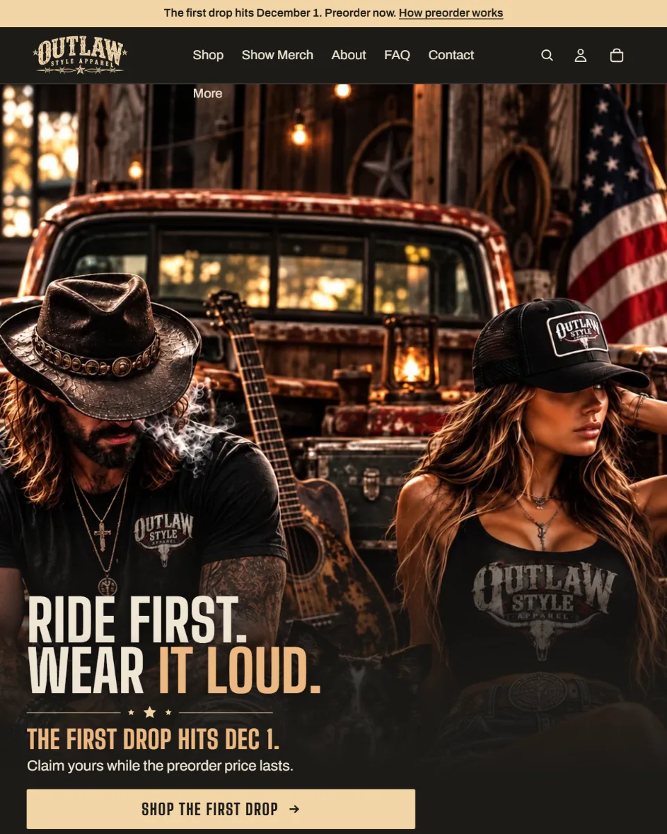 Outlaw Style Apparel homepage hero promoting the first drop