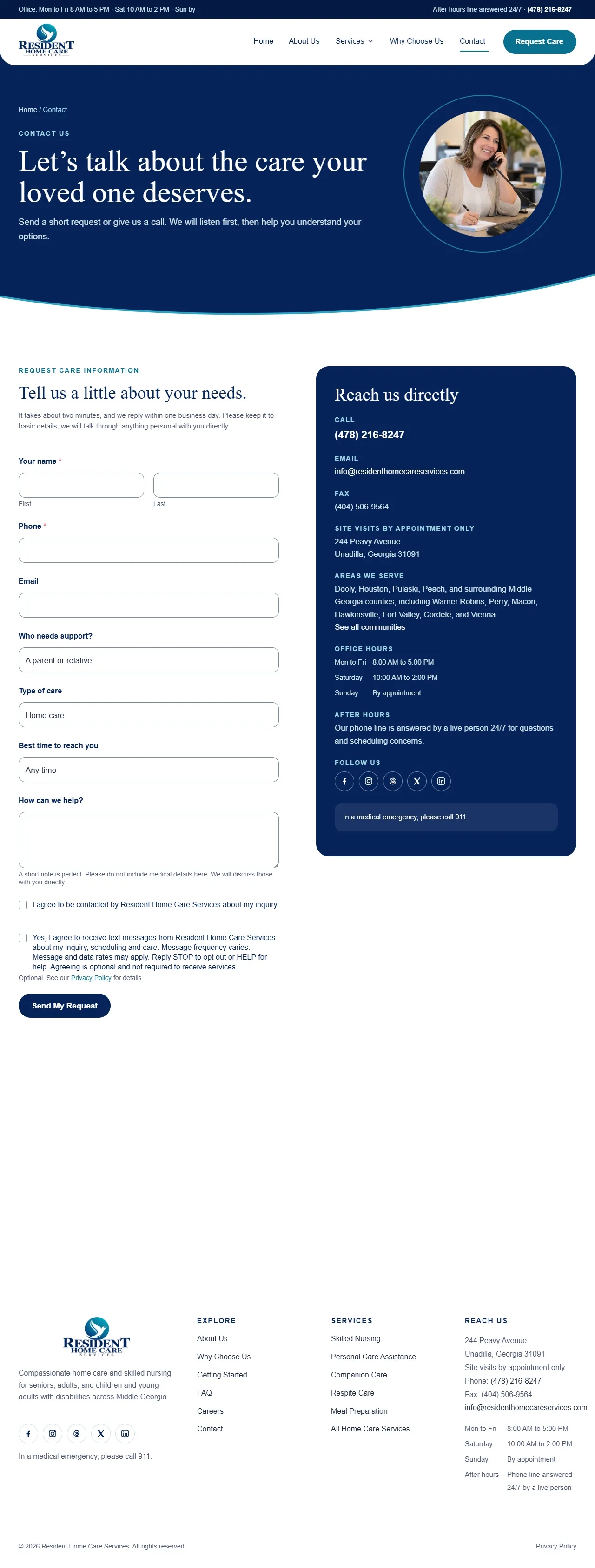 Resident Home Care Services contact page on desktop, full page