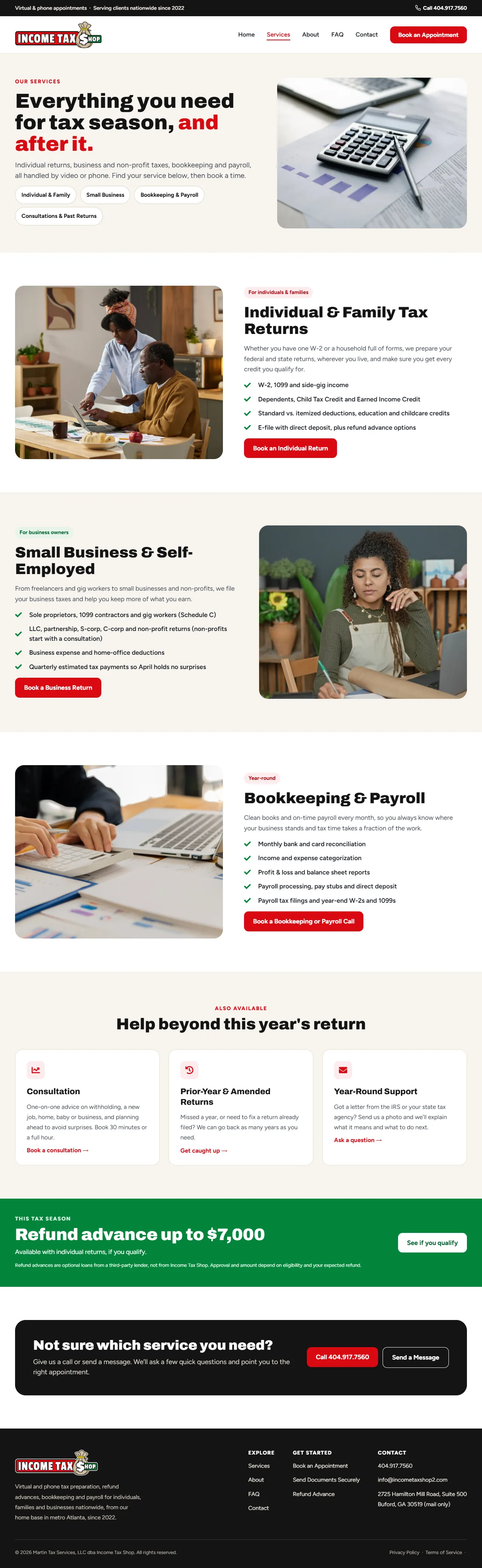 Income Tax Shop redesigned services page on desktop, full page