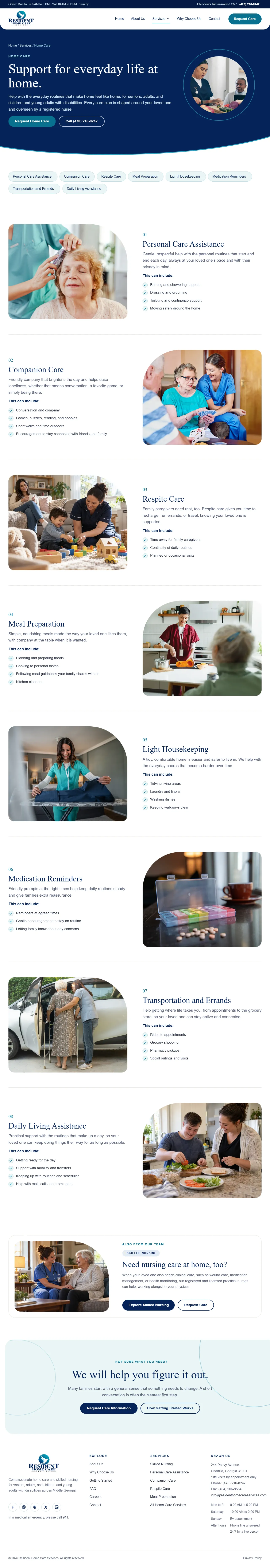 Resident Home Care Services services page on desktop, full page