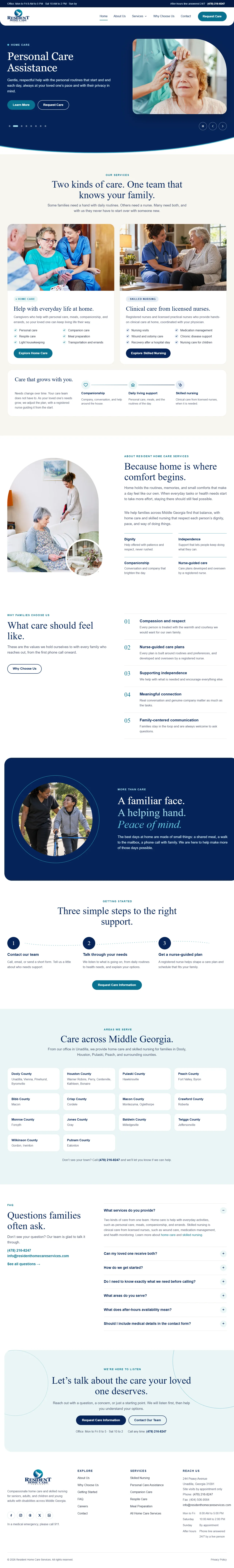 Resident Home Care Services homepage on desktop, full page