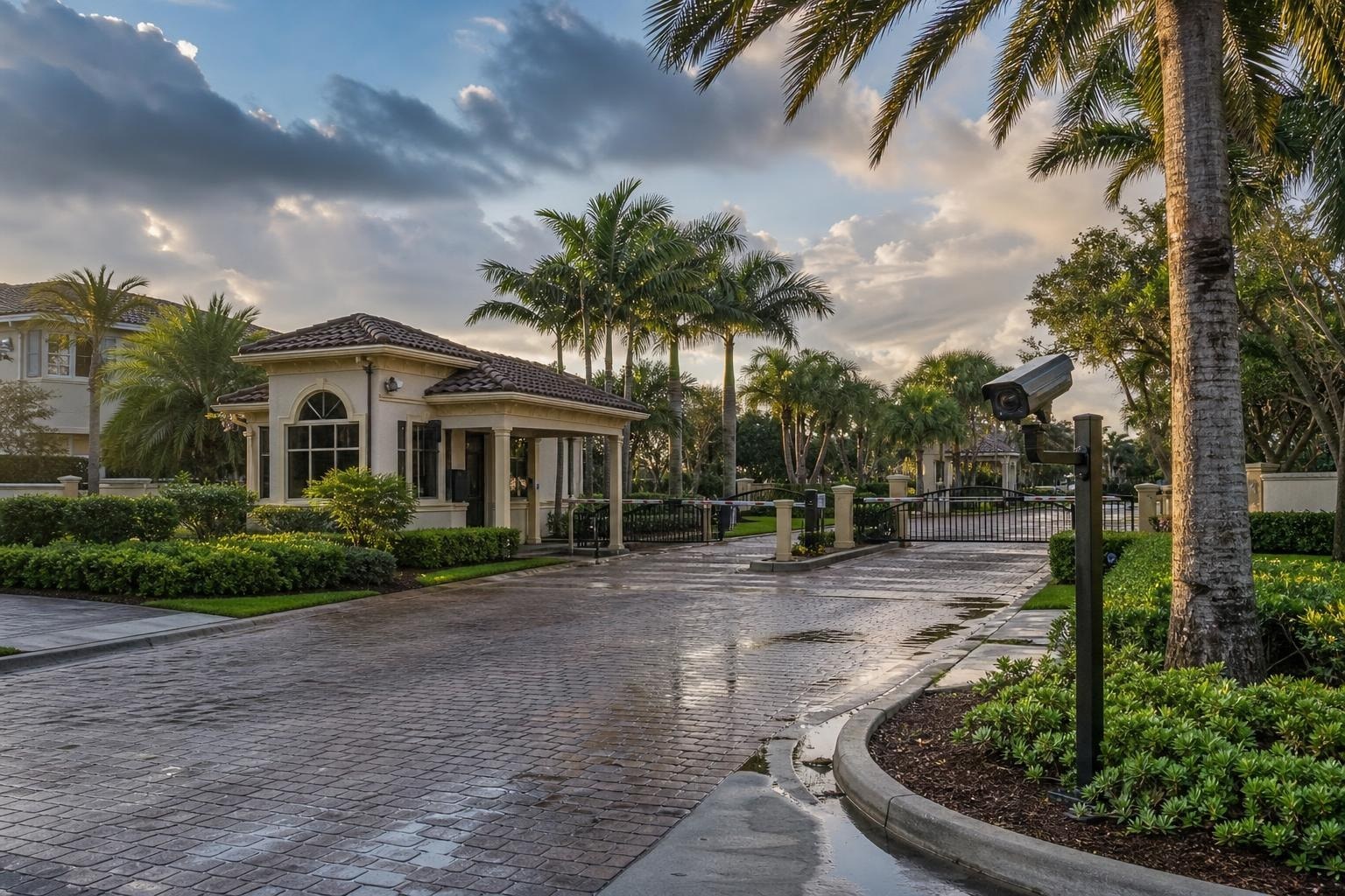 Guarded Central Florida HOA entrance with gate, security booth and palm trees