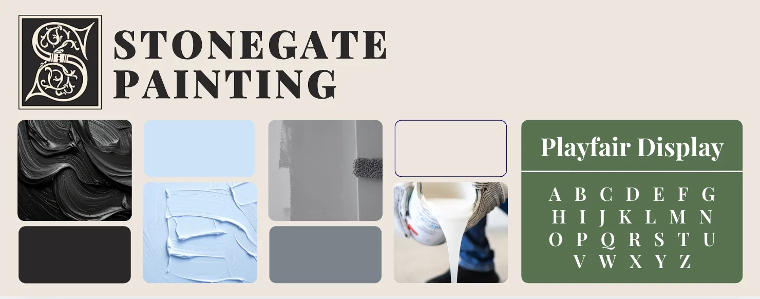 Stonegate Painting brand board: logo, colors, typefaces, and imagery