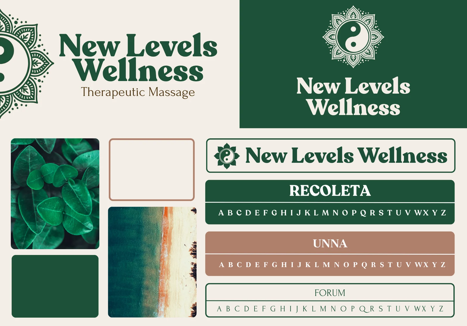 New Levels Wellness brand board: logo, colors, typefaces, and imagery