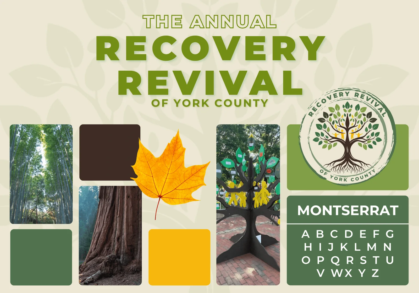Recovery Revival event brand board: logo, colors, typefaces, and event materials