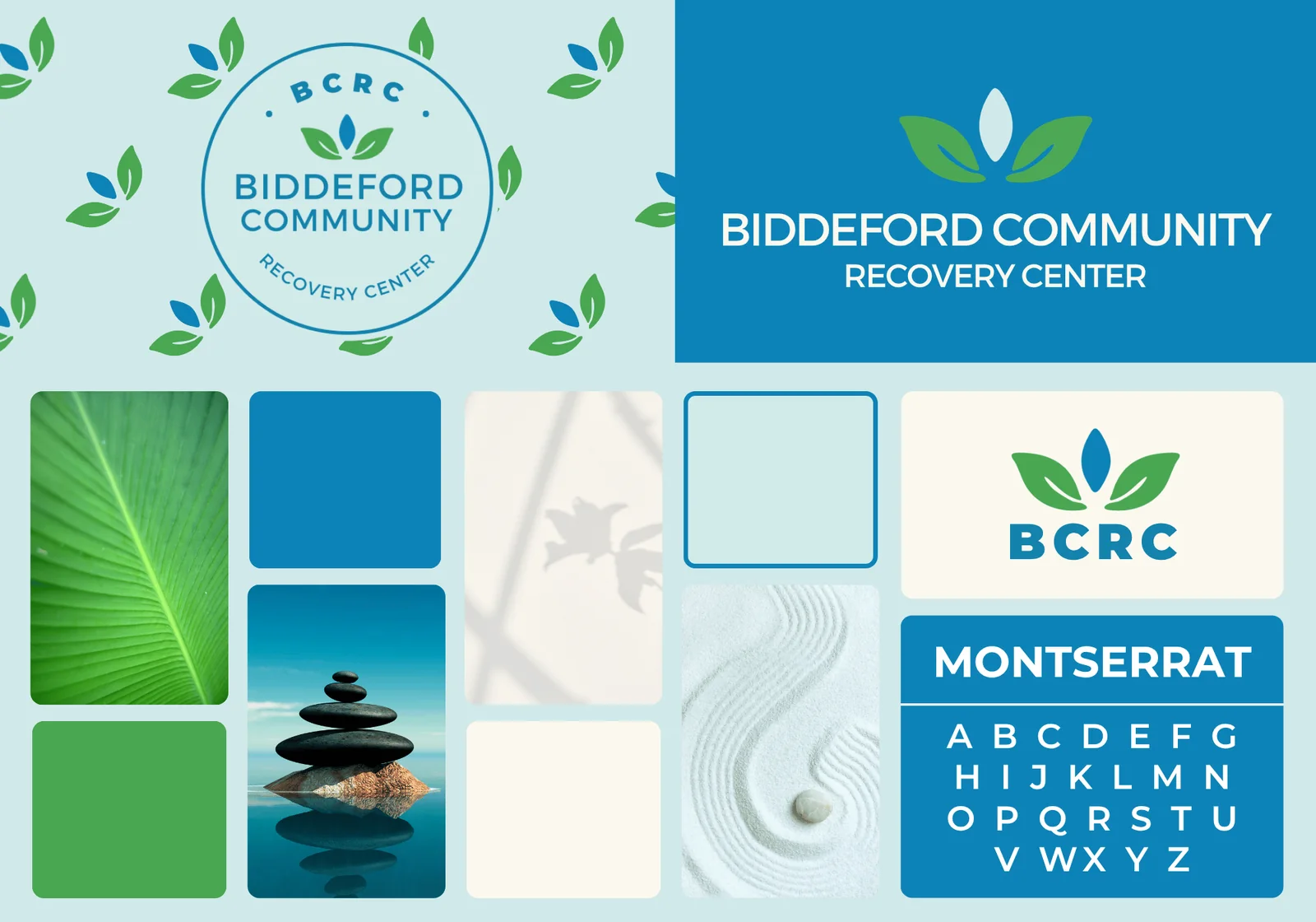 Biddeford Community Recovery Center brand board: logo, colors, typefaces, and applications
