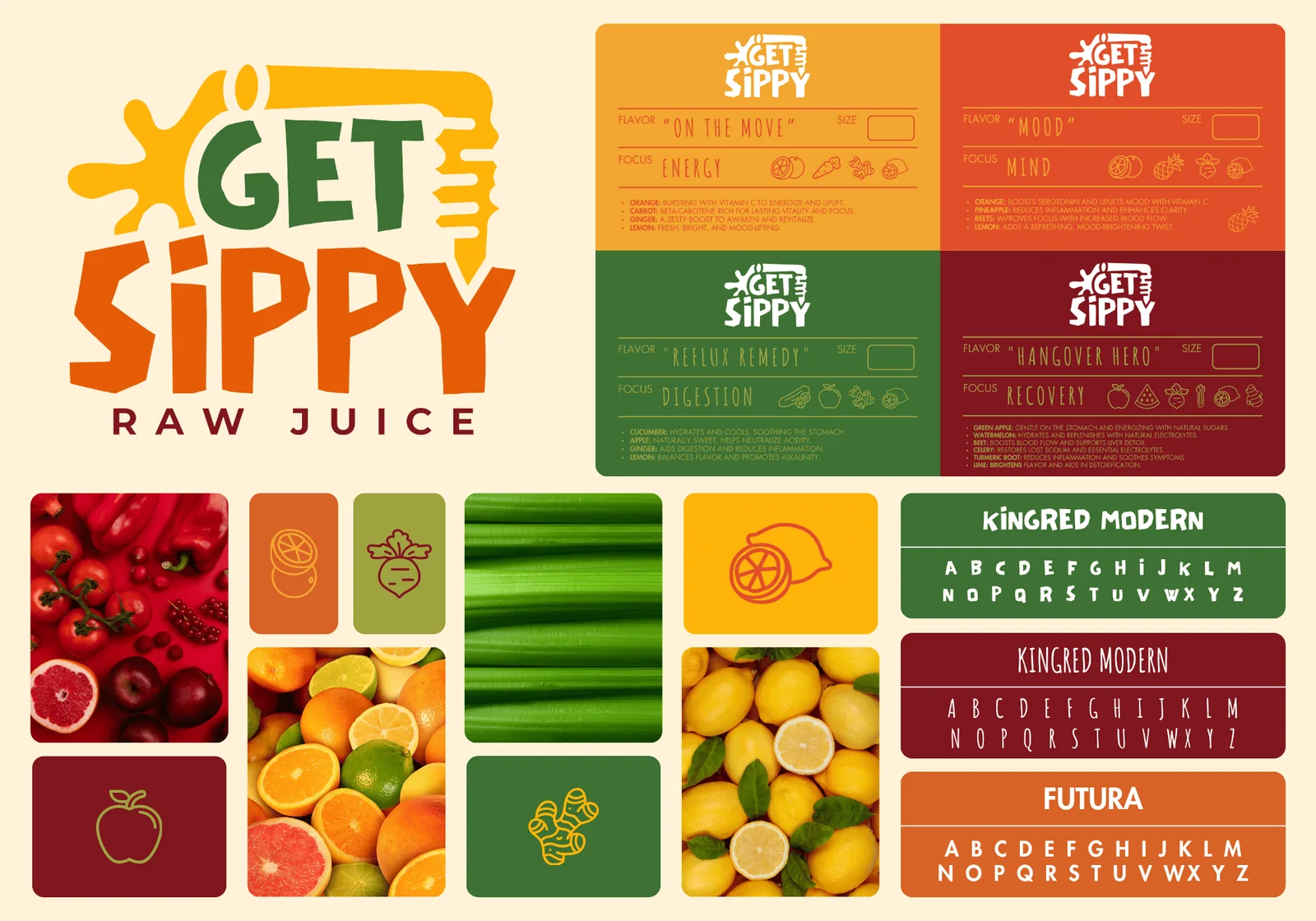 Get Sippy raw juice brand board: logo, labels, imagery, colors, and typefaces