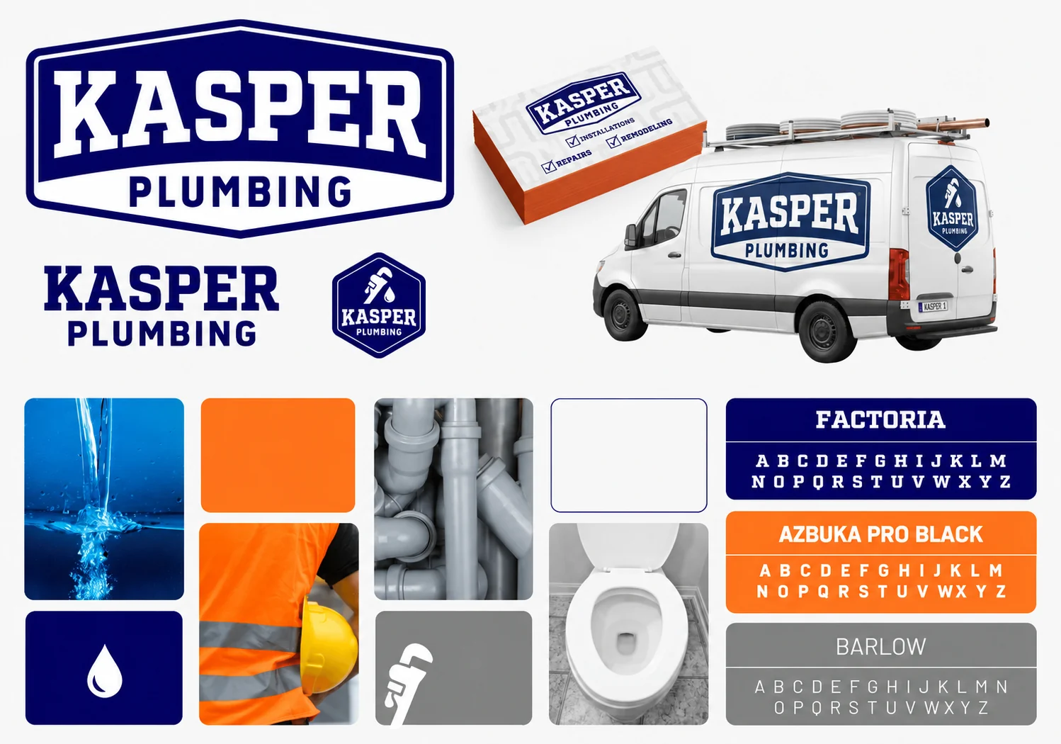 Kasper Plumbing brand board: badge logo, wordmark, icon, business cards, van wrap, colors, and typefaces