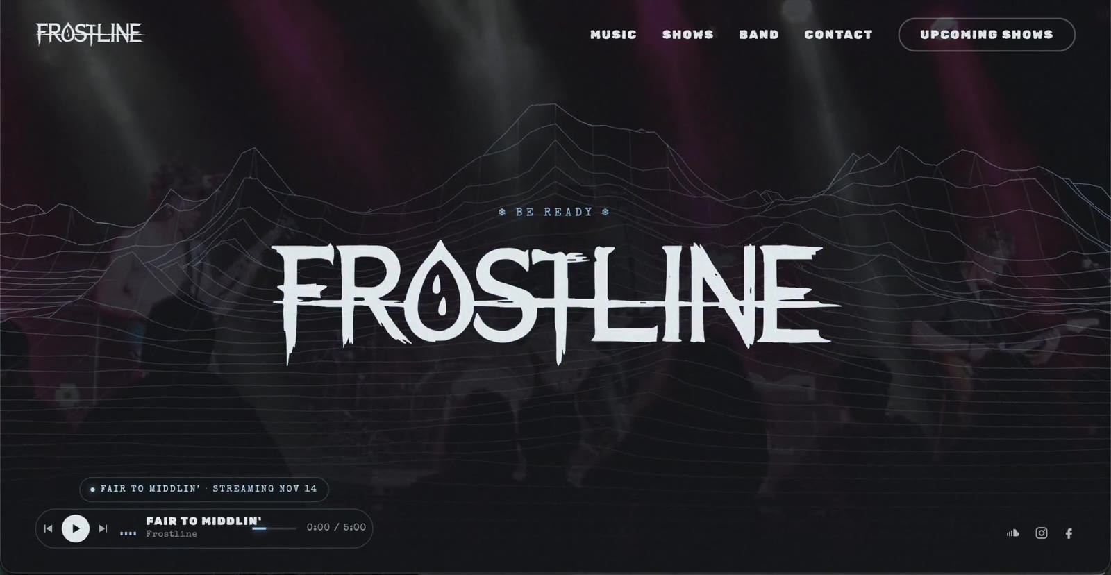 FrostLine concept site hero with wireframe mountains and glitch logo