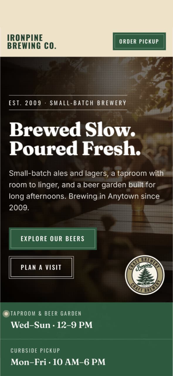 Ironpine Brewing Co. concept site on mobile