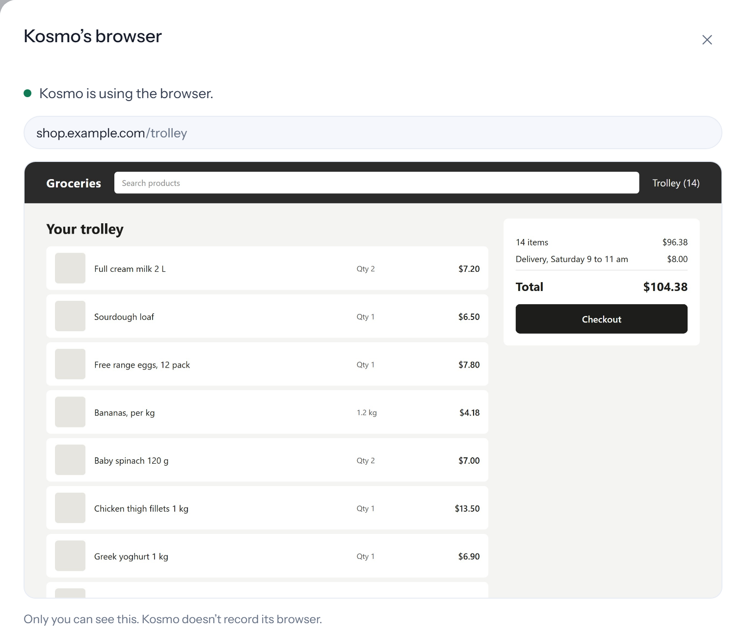 Kosmo app screen: the panel called Kosmo's browser, showing that Kosmo is using the browser on a sample shop's trolley page at shop.example.com with a Checkout button, and the line: Only you can see this. Kosmo doesn't record its browser.