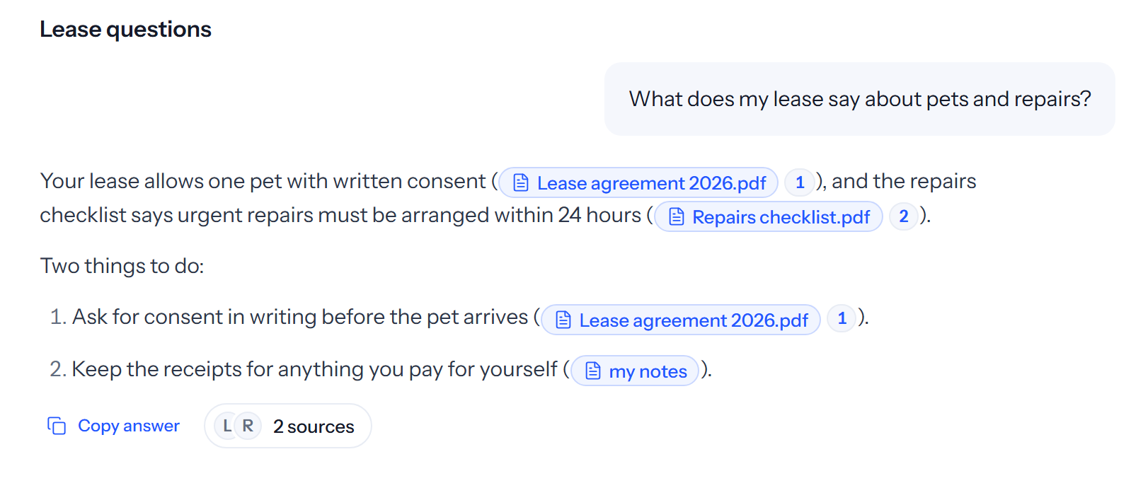 Kosmo app screen: a chat called Lease questions, where the person asks what their lease says about pets and repairs and Kosmo answers from their own files, showing the file chips Lease agreement 2026.pdf and Repairs checklist.pdf and 2 sources.