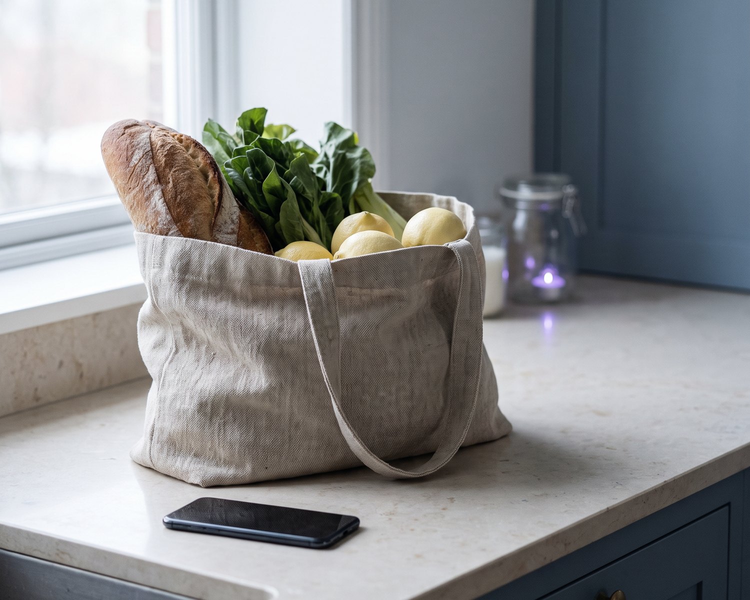 A linen grocery bag with bread, greens and lemons on a pale stone kitchen bench in morning light, a phone lying beside it.