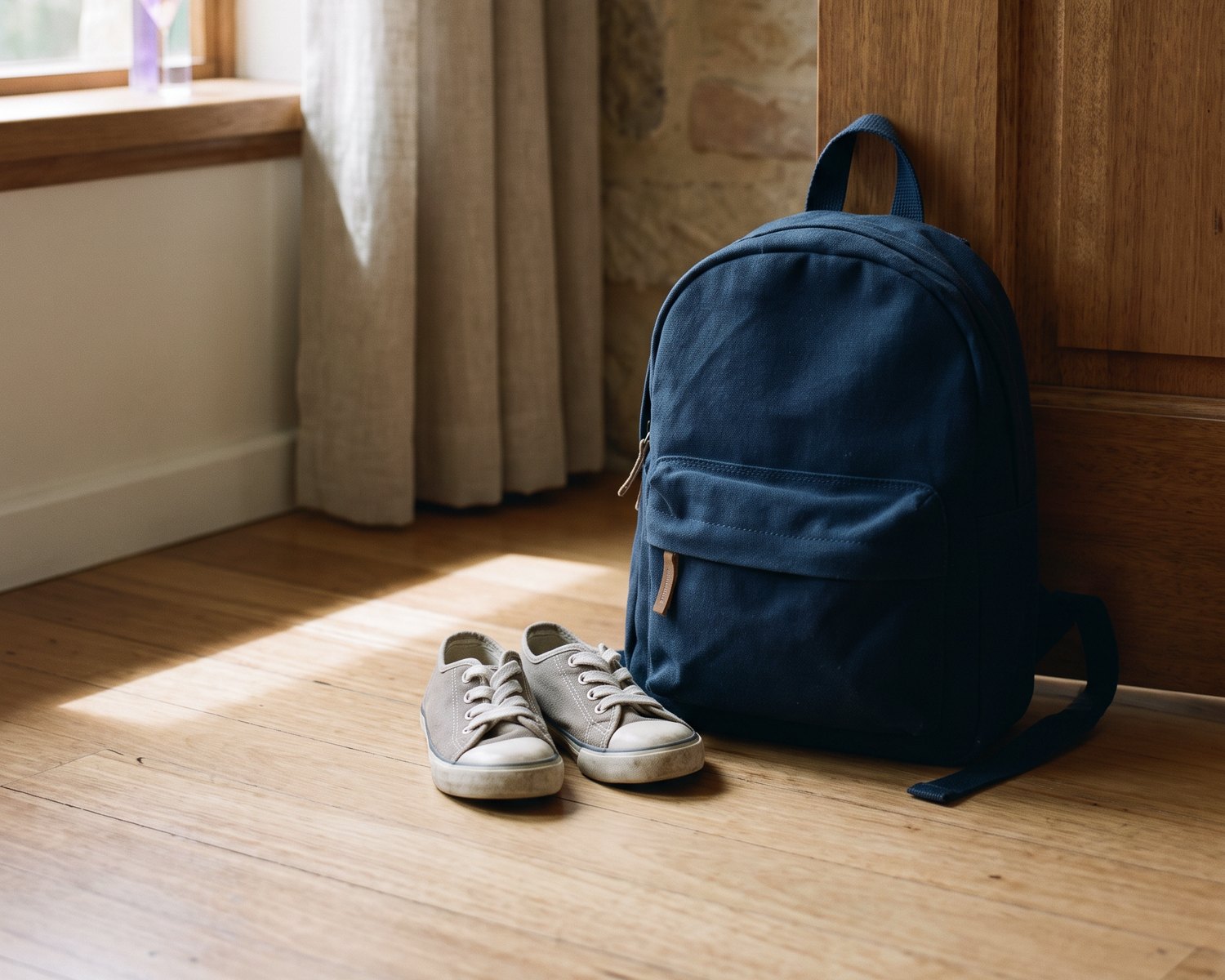 A child's school bag and a pair of small shoes waiting by a timber front door in early morning light.