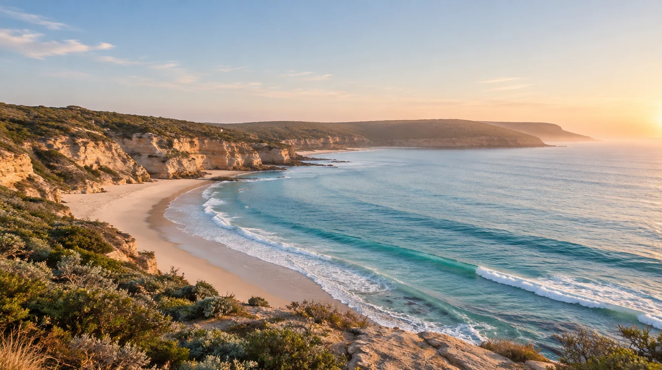 A quiet Australian coastal cove in warm morning light