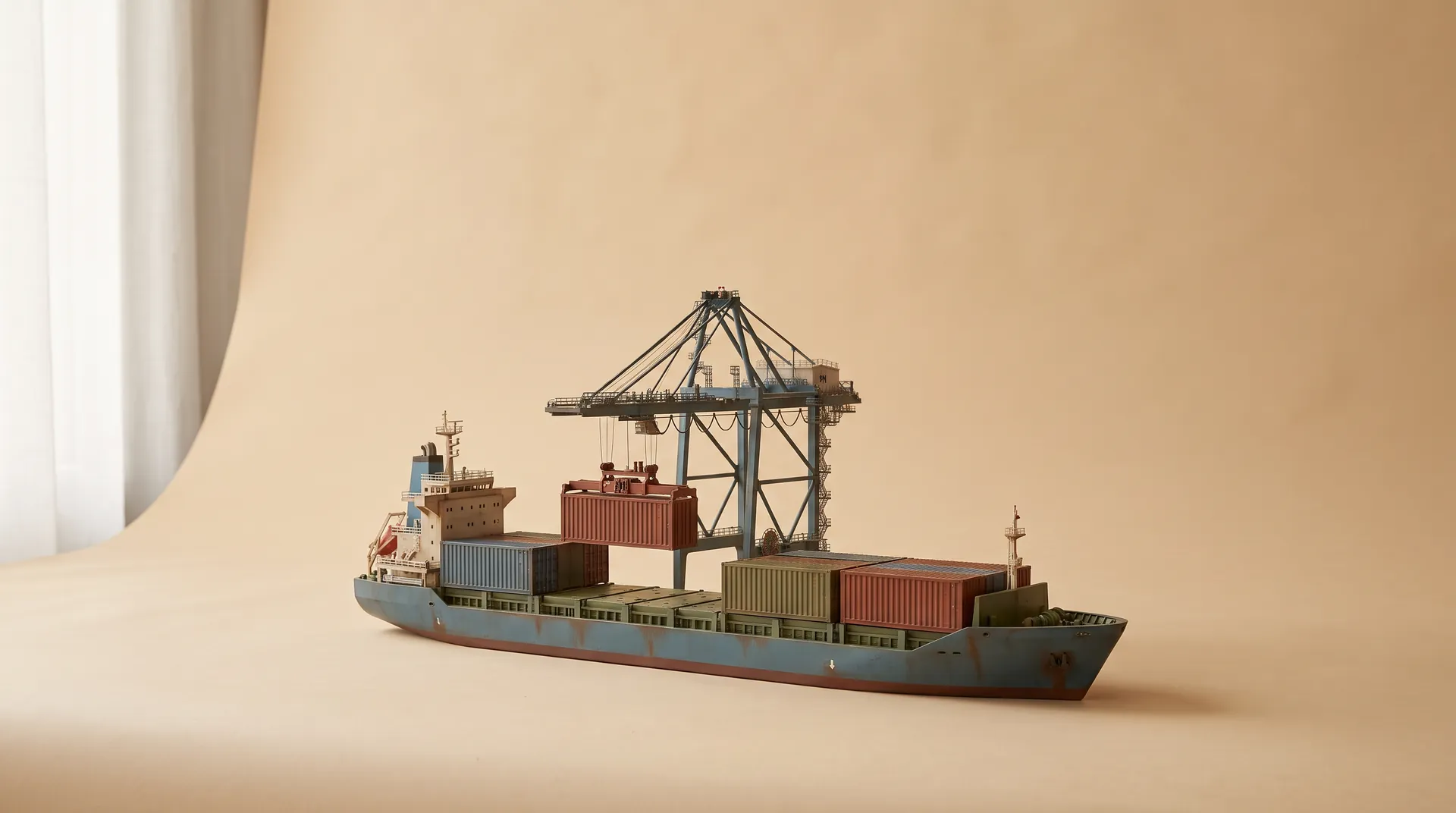 Model container ship moored under a gantry crane on a warm sand backdrop