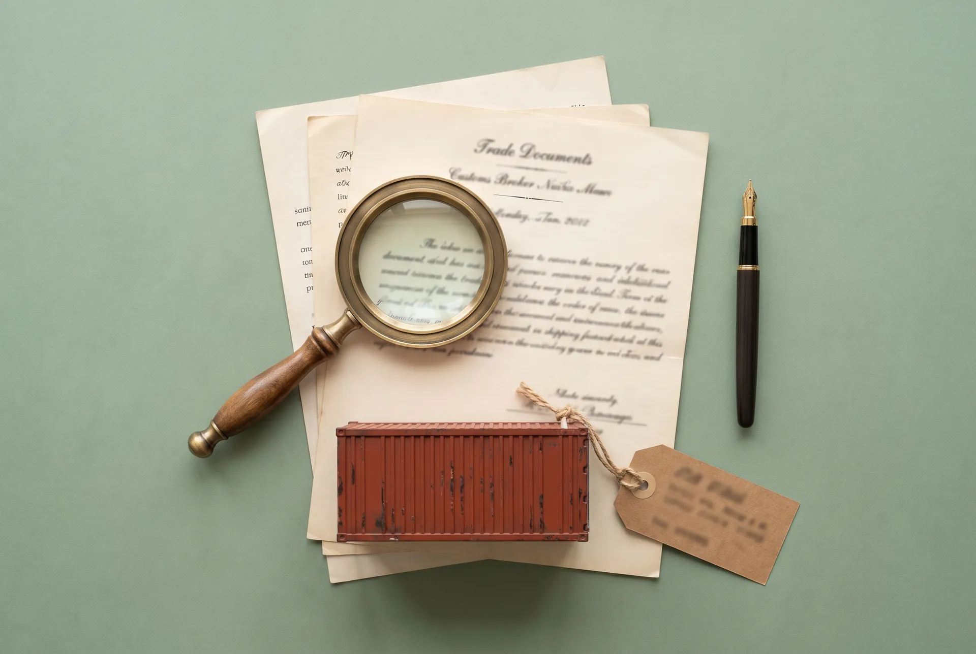Magnifying glass over shipping papers and a model container