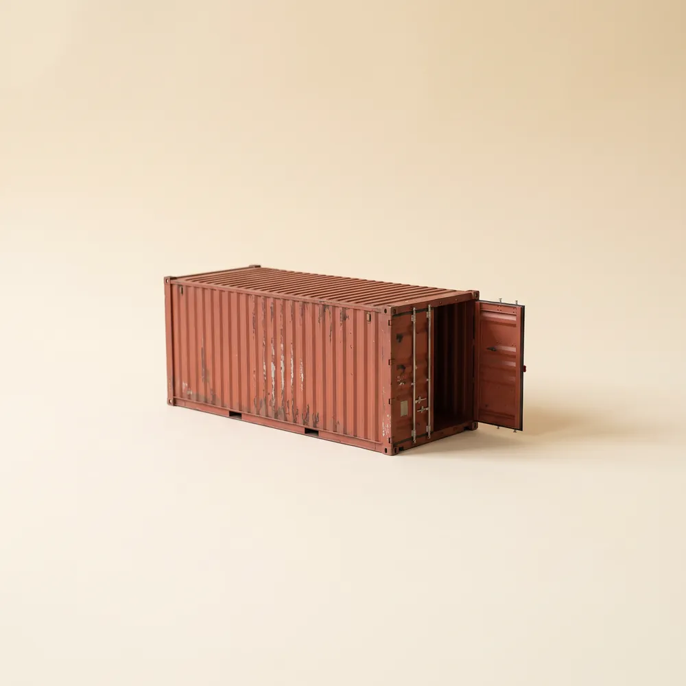 Miniature rust red shipping container with one door open