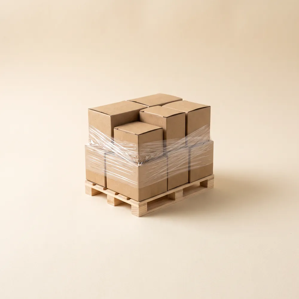 Scale model pallet of boxes wrapped in film