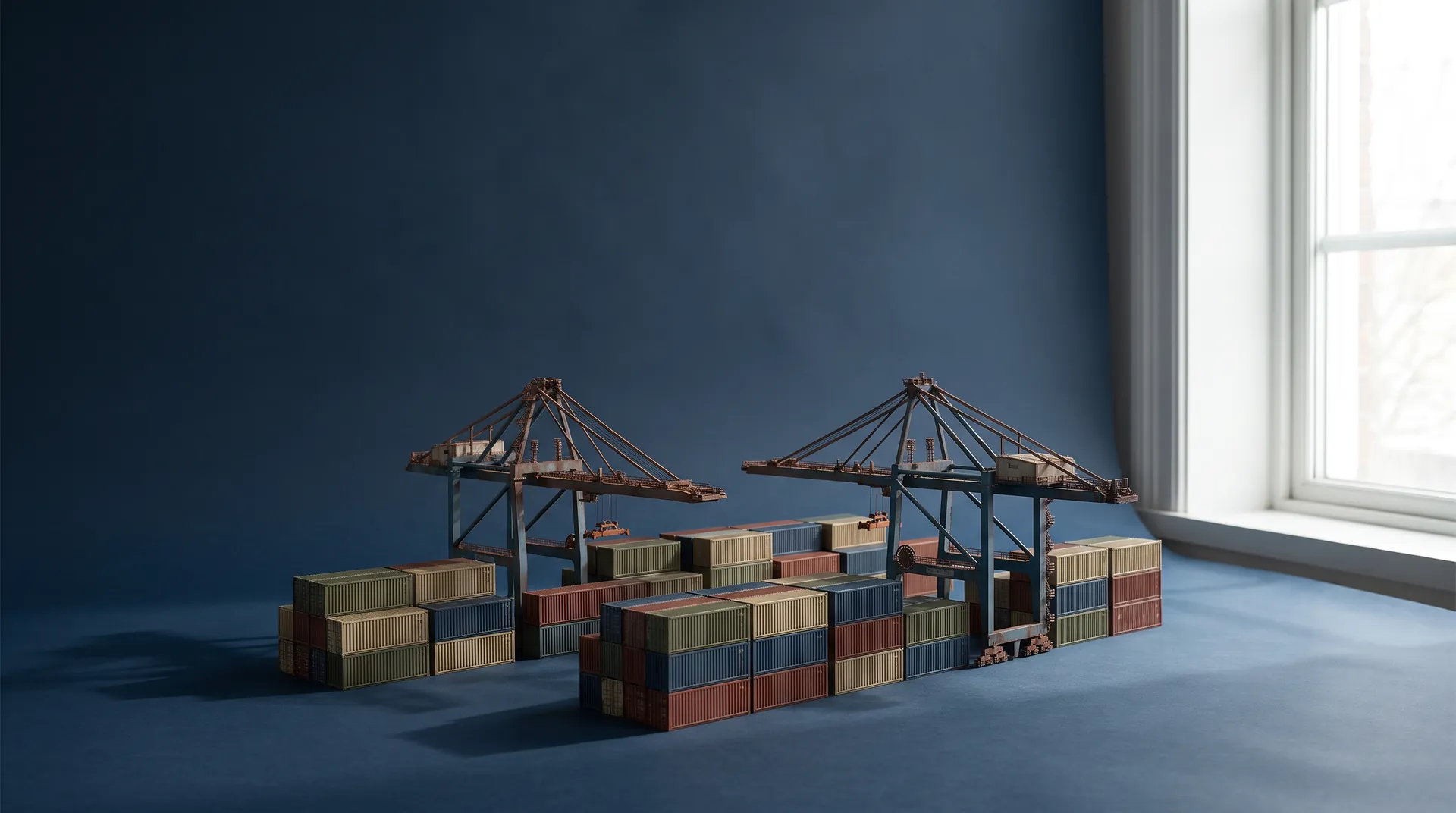 Model port with ship-to-shore cranes and stacked containers