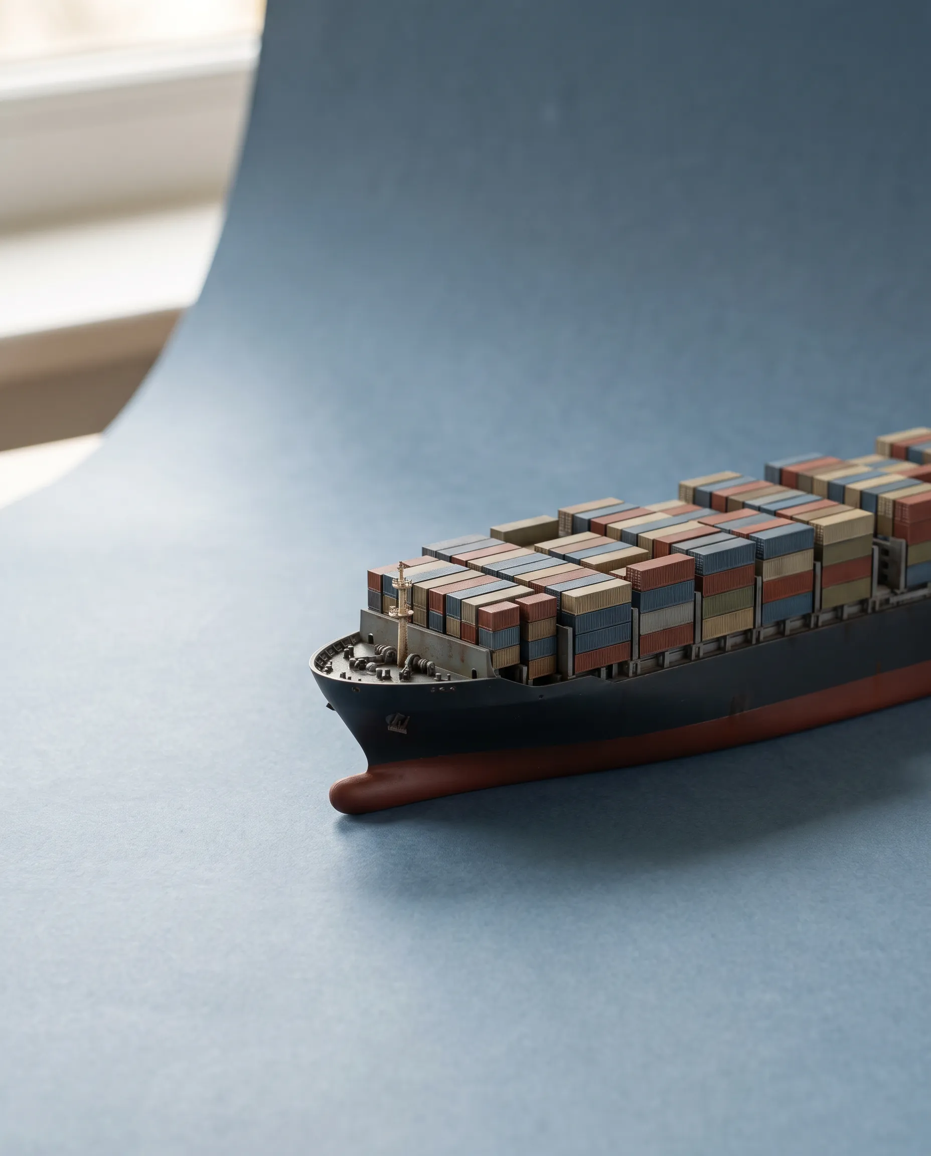 Model container ship on a blue paper sweep