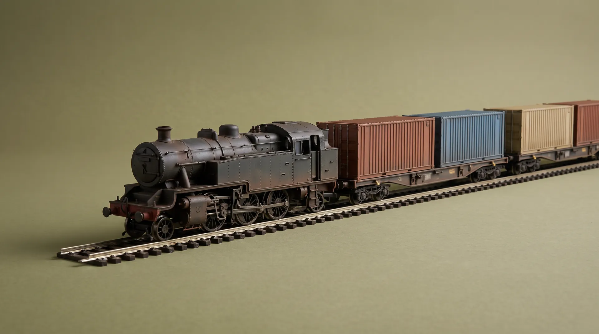 Model freight train with containers on an olive backdrop