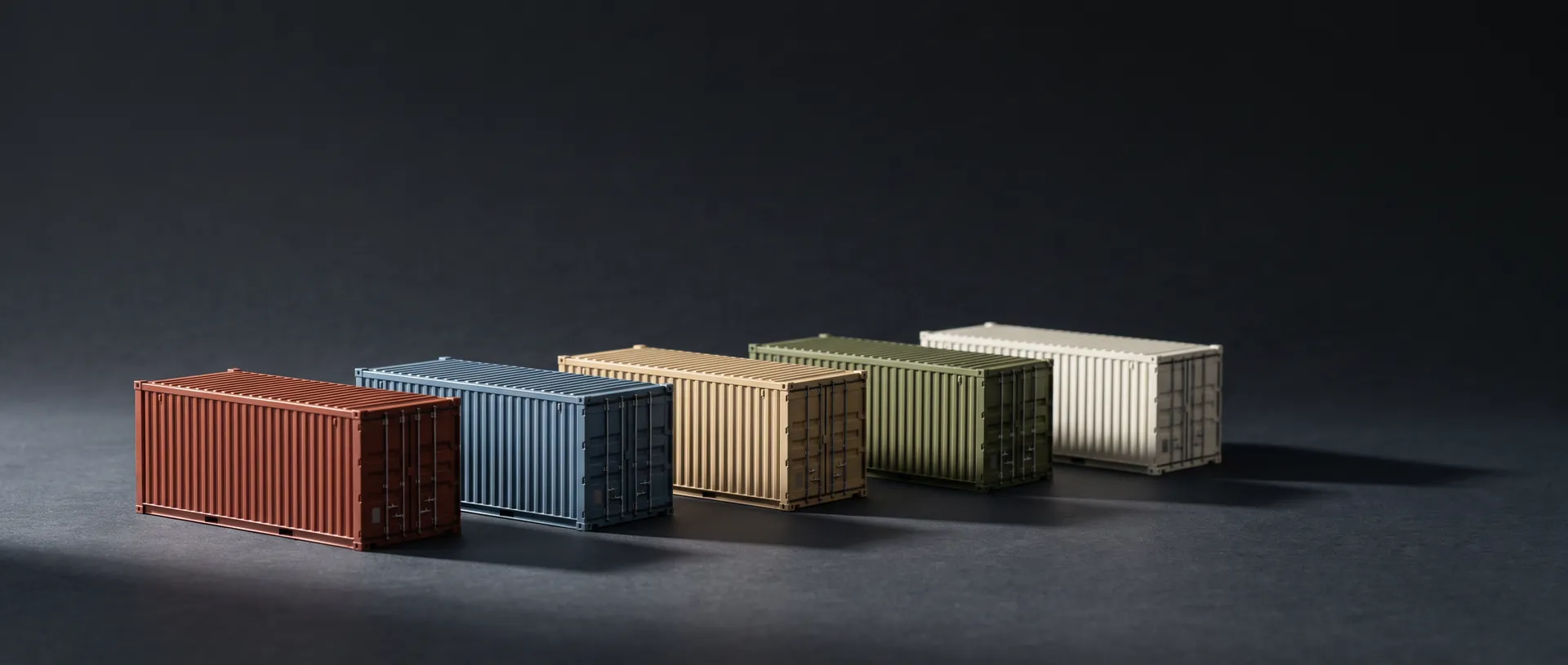 Row of model containers on a quay at dusk