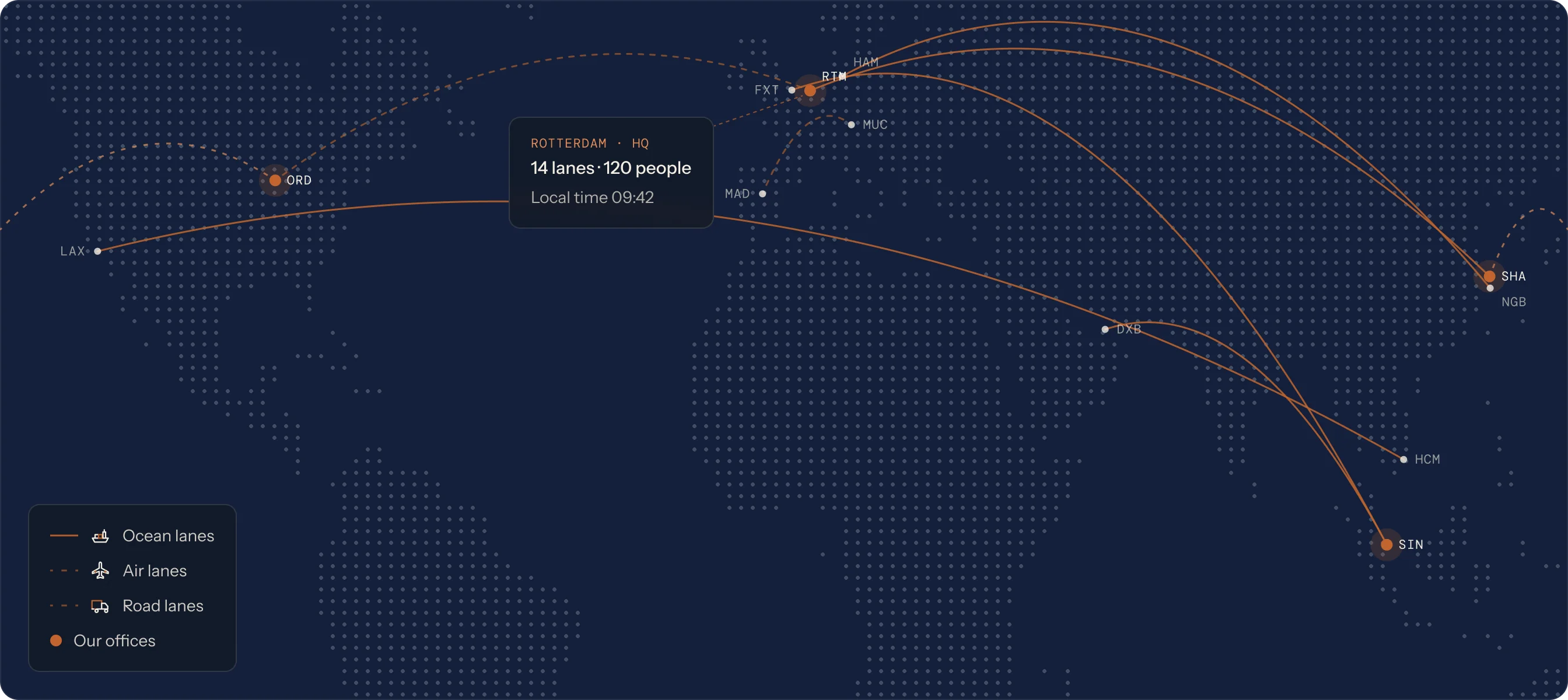 Dot world map of LaneWise ocean, air and road lanes from Rotterdam HQ to Shanghai, Singapore, Chicago and Los Angeles