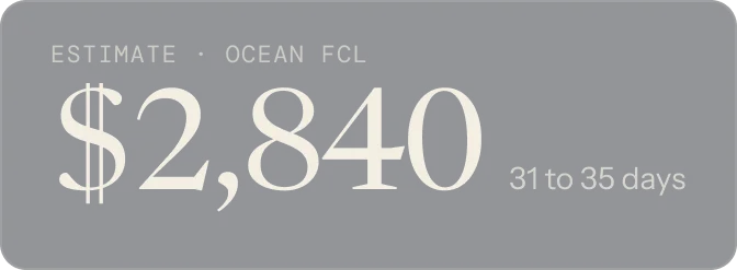 Ocean FCL estimate of 2,840 dollars, 31 to 35 days