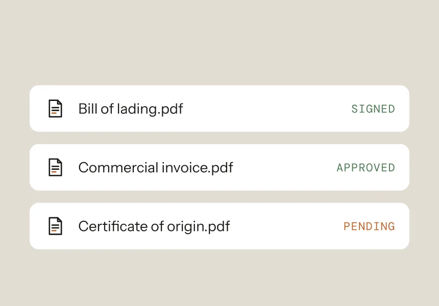 Shipment documents list: bill of lading signed, commercial invoice approved, certificate of origin pending