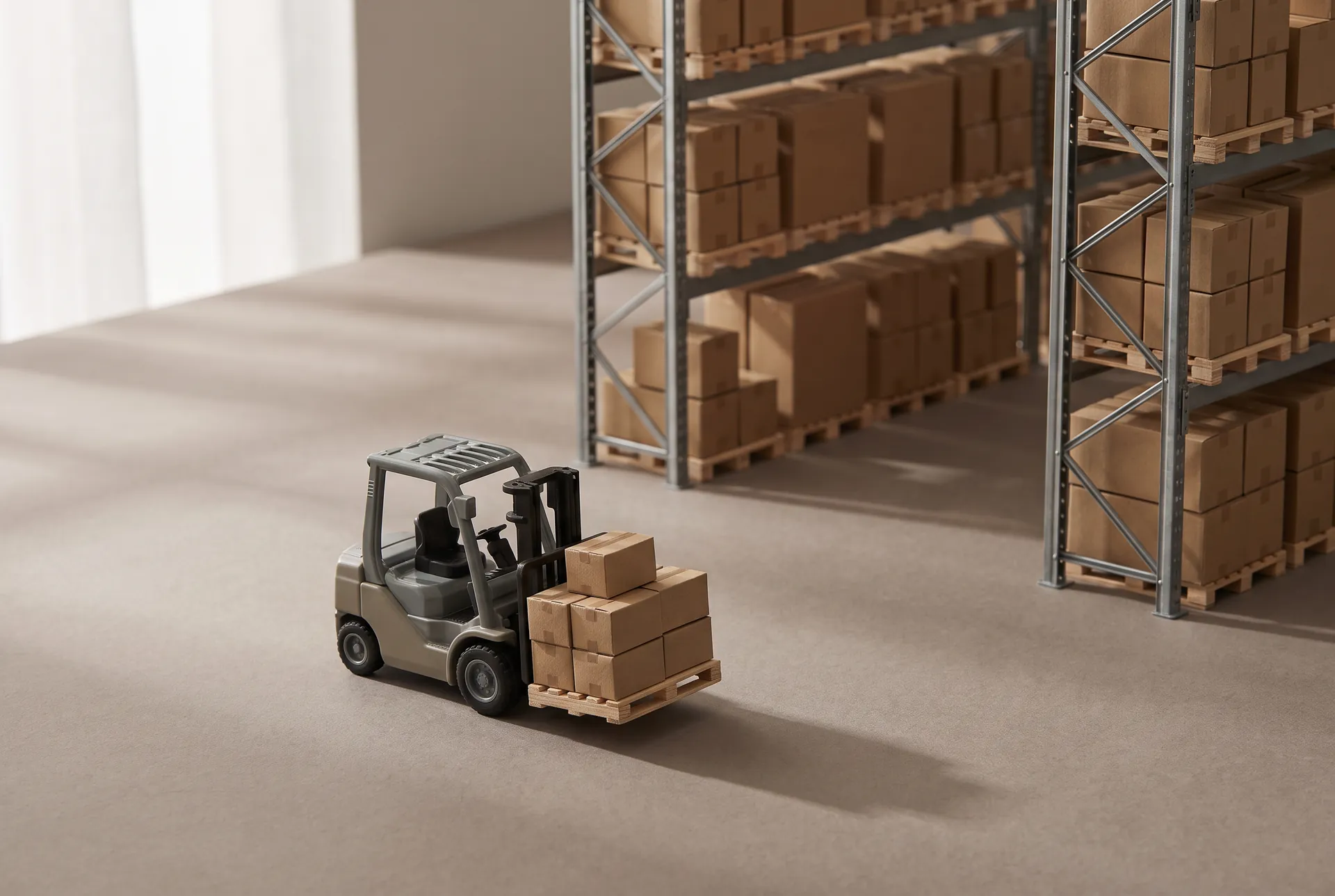 Model forklift moving cartons between warehouse racks