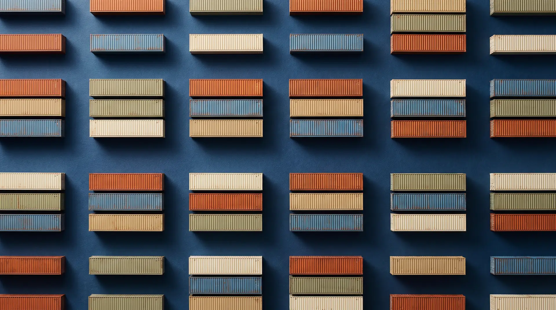 Rows of scale model shipping containers on a blue yard