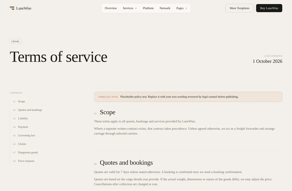 LaneWise Terms page preview