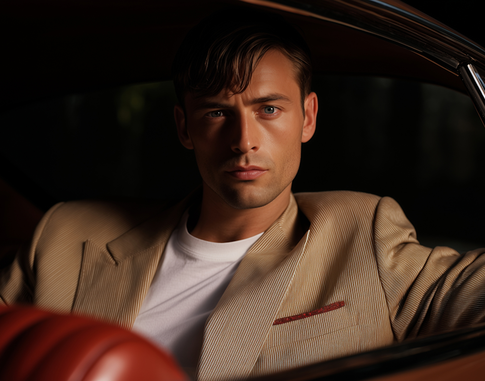Young man with a serious expression wearing a beige pinstripe blazer and white shirt, sitting in a car.