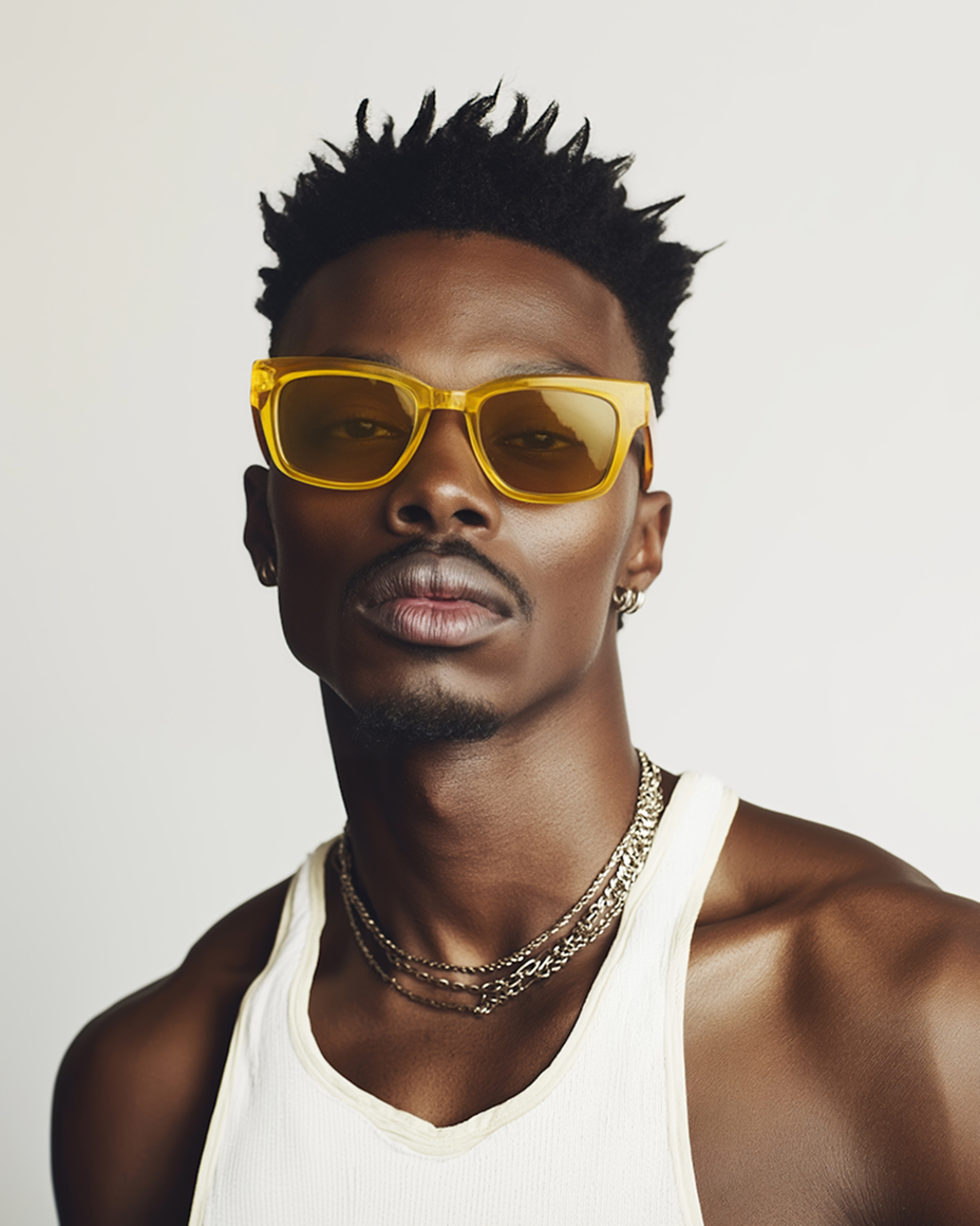 Portrait of a man with short spiked hair wearing yellow-tinted sunglasses, a white tank top, and layered gold chains.