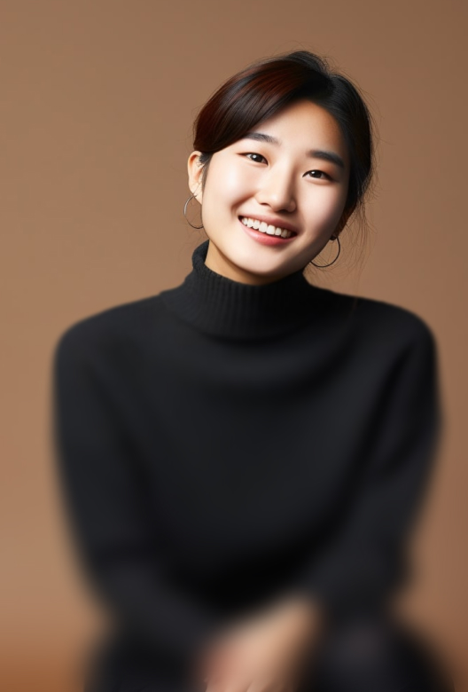 Young woman with dark hair smiling, wearing a black turtleneck sweater and hoop earrings against a brown background.