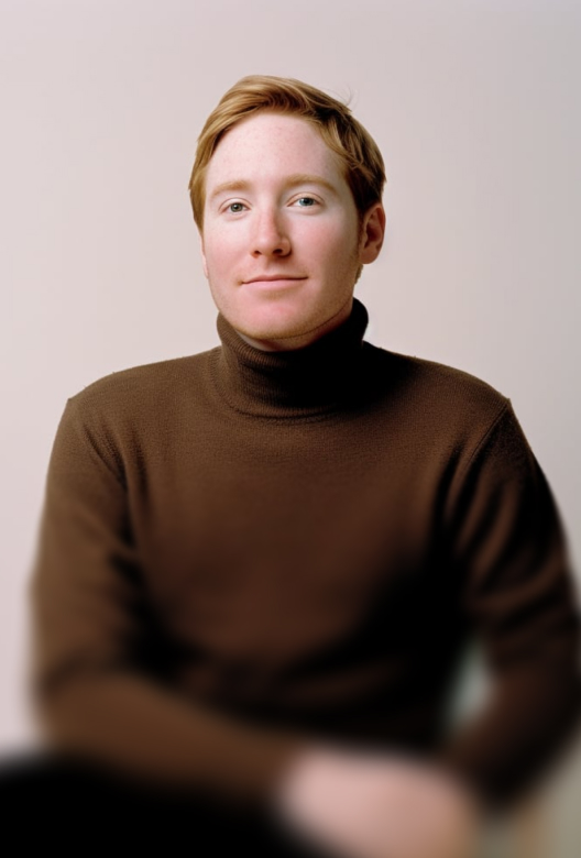 Portrait of a young man with light skin and red hair wearing a brown turtleneck sweater against a plain light background.