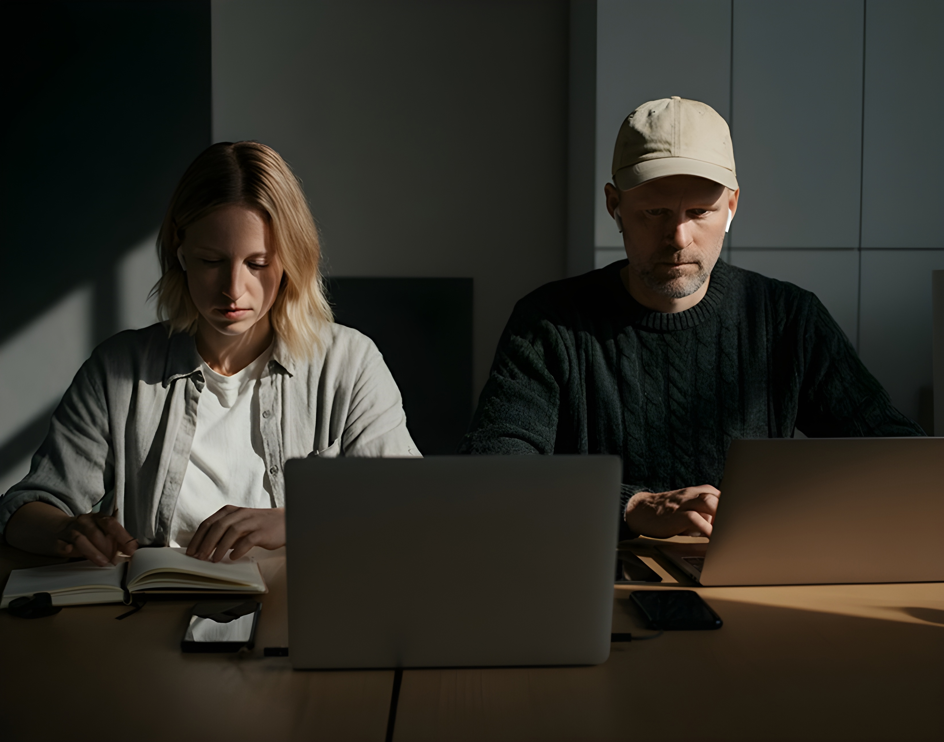 Two people working side by side at a table with laptops; a woman on the left reading a book and a man on the right wearing a cap typing on a laptop.