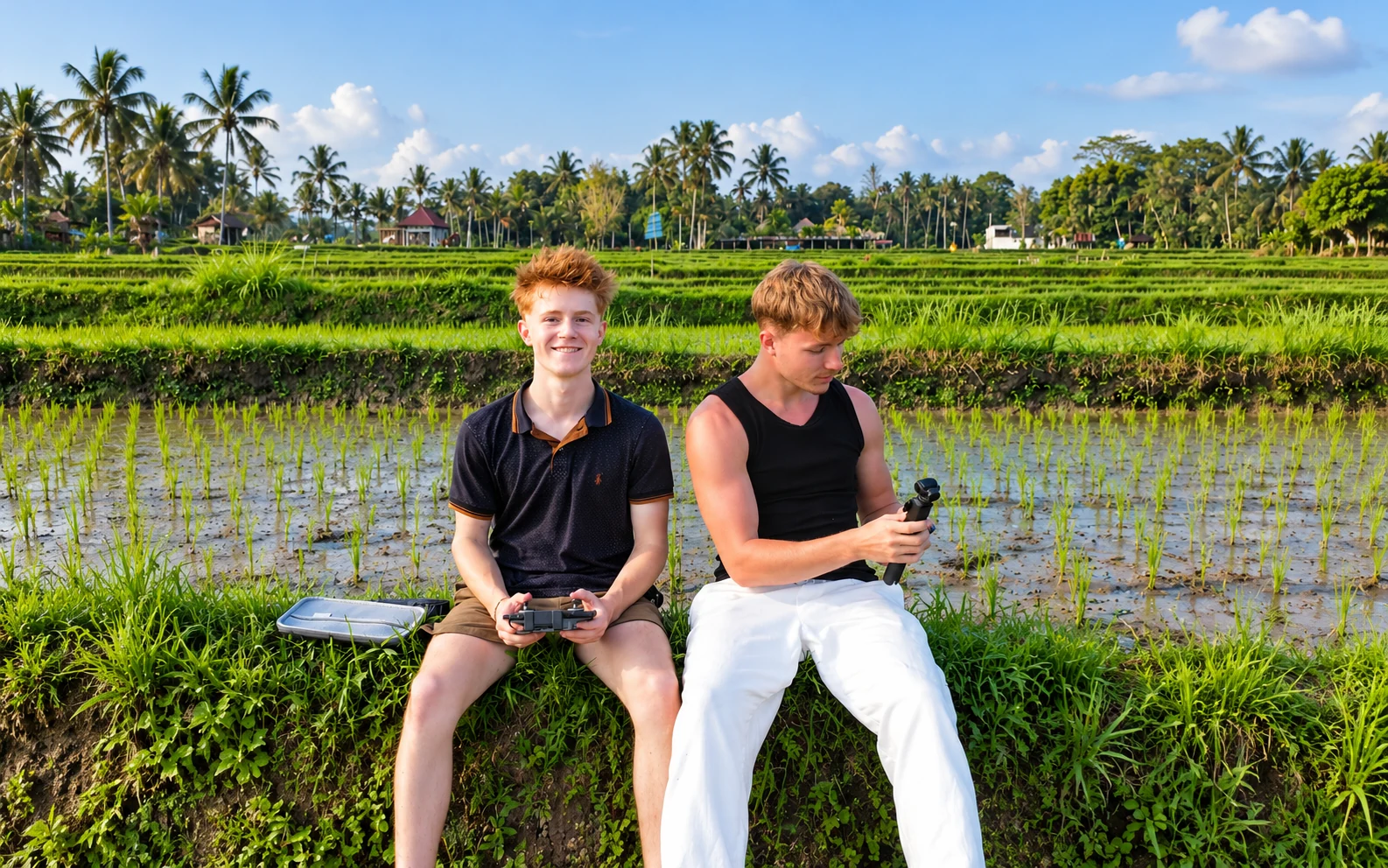 Nils und Malte am Reisfeld auf Bali