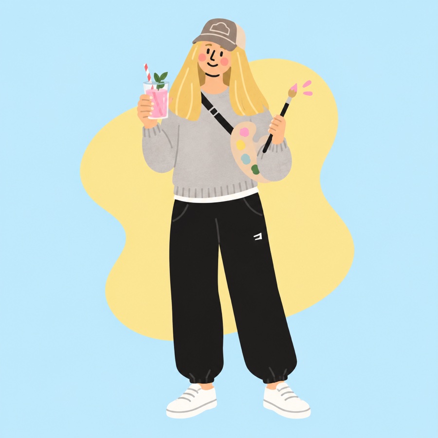 Illustration von Pia mit Cap und grauem Pullover, einer Rhabarber-Minz-Limo, Pinsel und Farbpalette